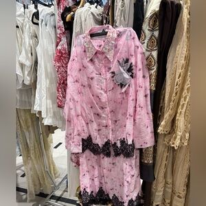 NWT Elegant Pink Floral Women's Pantsuit with Black Lace. Available in S, M, L.